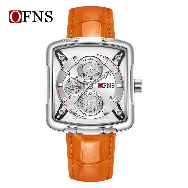 OFNS Brand 1516 Fashion Square Six Needle Quartz Watch 3ATM Waterproof Luminous Head Layer Leather Strap Date Display Cool Men's
