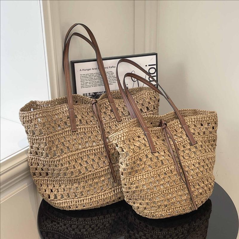 Crochet Hollow Out Straw Tote Bag With Leather Handle Large Capacity Beach Bag Casual Shoulder Purse Vacation Boho Woven Handbag