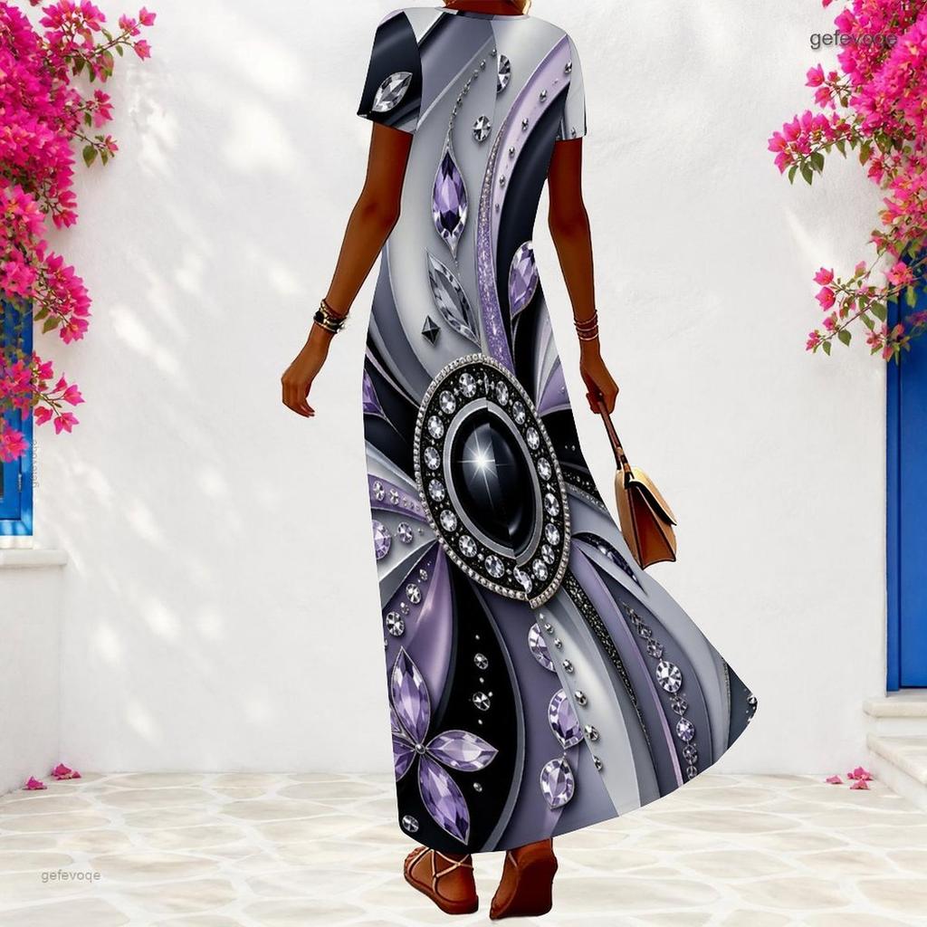 Women Plus Size V Neck Short Sleeve Black Dots Printed Long Dress