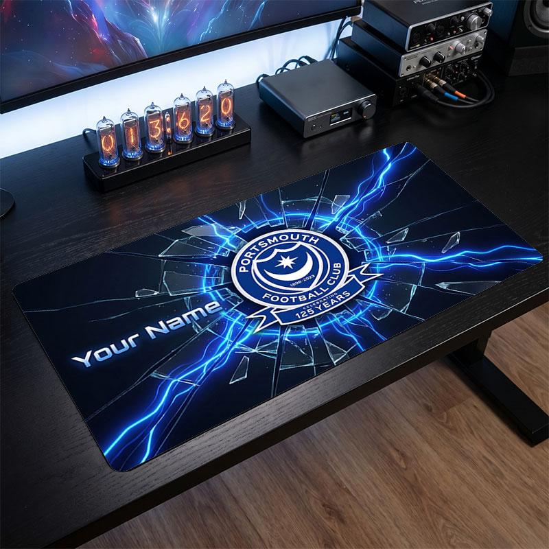 Portsmouth FC Custom Large Mouse Pad, Personalized Name Text Print, Football Logo Non‑Slip Desk Mat Gaming Gift