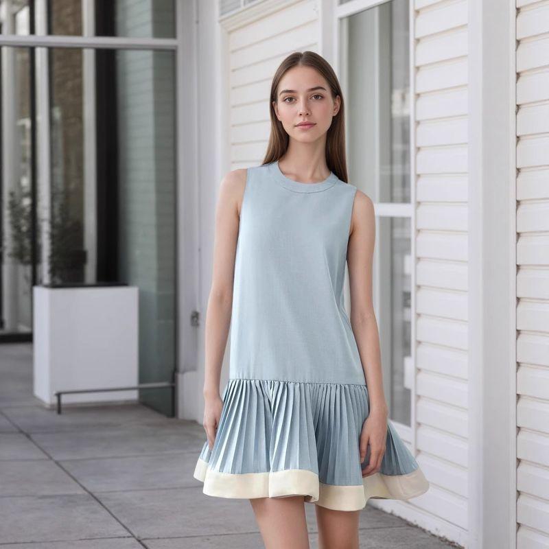 Fashion Style New Arrival Fashion Casual Loose Round Neck Sleeveless Ruched Dress Loose Pleated Dress