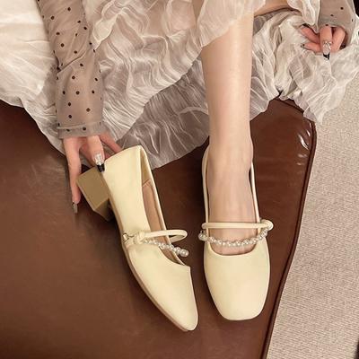 Beaded Shallow Mouth Mary Jane Shoes Summer New with Skirt Single Shoes Women's Thick Heel High Heel Women's Shoes