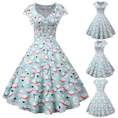 Women Vintage Short Sleeve Christmas 1950s Housewife Evening Party Prom Dress