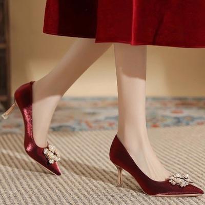Rhinestone High Heel Wedding Shoes Women Fall Winter 2026 Satin Dress Square Button Single Shoes