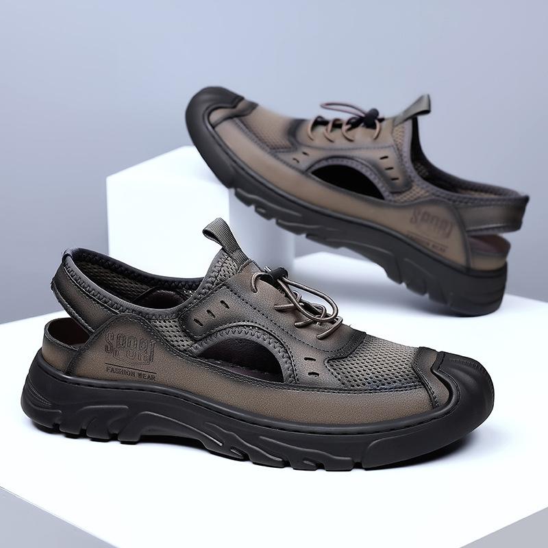 2025 summer new bag head sandals men's mesh casual beach shoes mesh breathable thick-soled hole shoes men