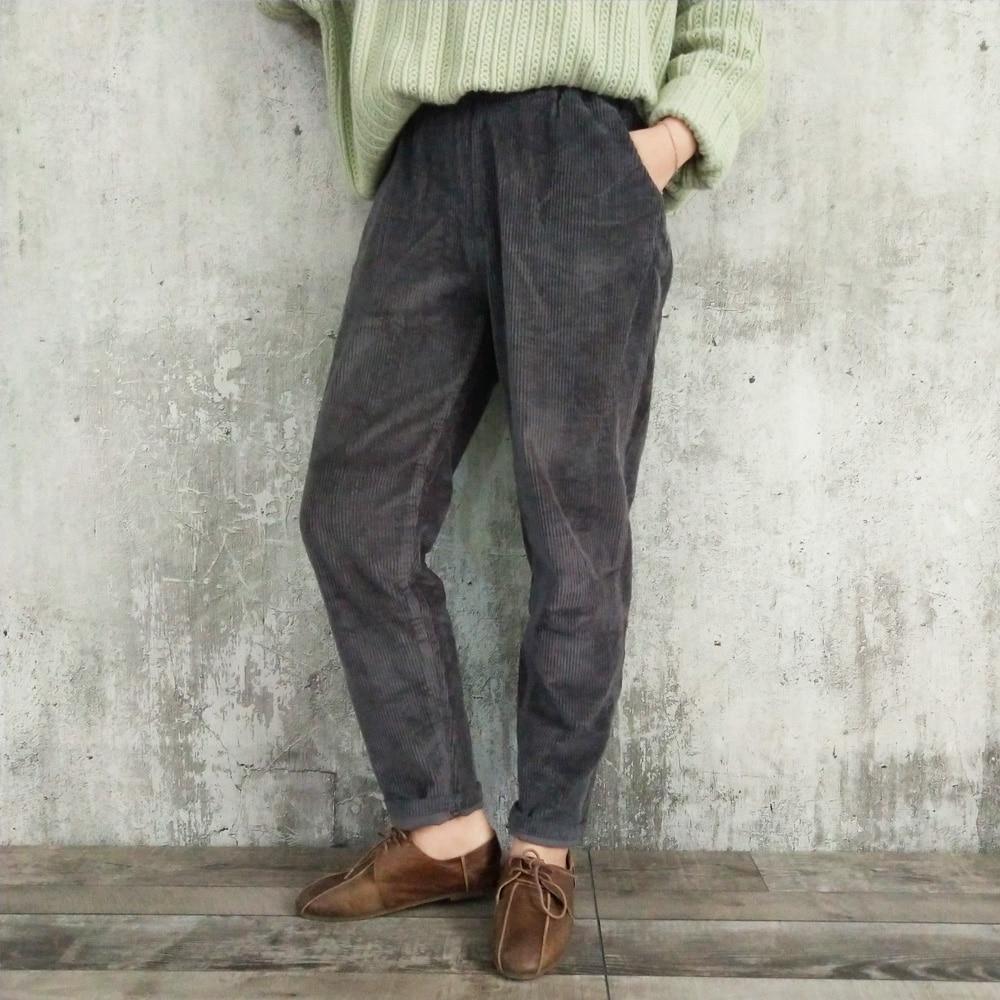 Corduroy Trousers for Women Elastic Waistband, Solid Color Trousers Autumn Spring Women Casual Trousers with Fabric Pockets