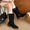 Winter Street Style Gürtelschnalle Damen Ritterstiefel Elegant Niedrig Absatz Schuhe Damen Slipper Mid-Calf Stiefeletten De Muje