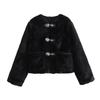 Womens Short Wool Blend Coat With Faux Fur Lining Round Neck Loose Fit Warm Outerwear Winter
