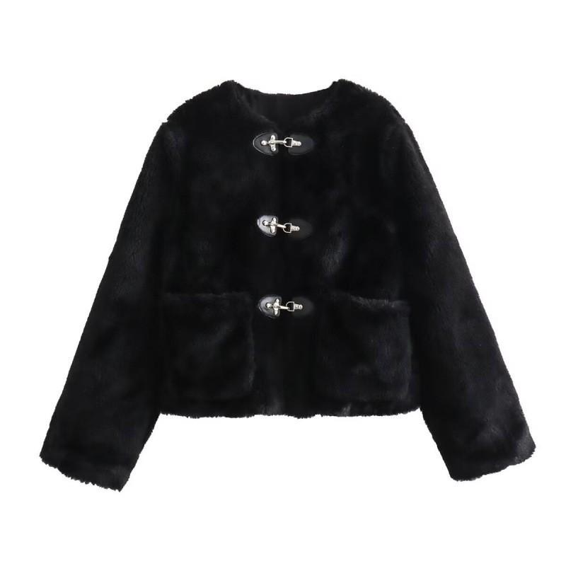 Womens Short Wool Blend Coat With Faux Fur Lining Round Neck Loose Fit Warm Outerwear Winter
