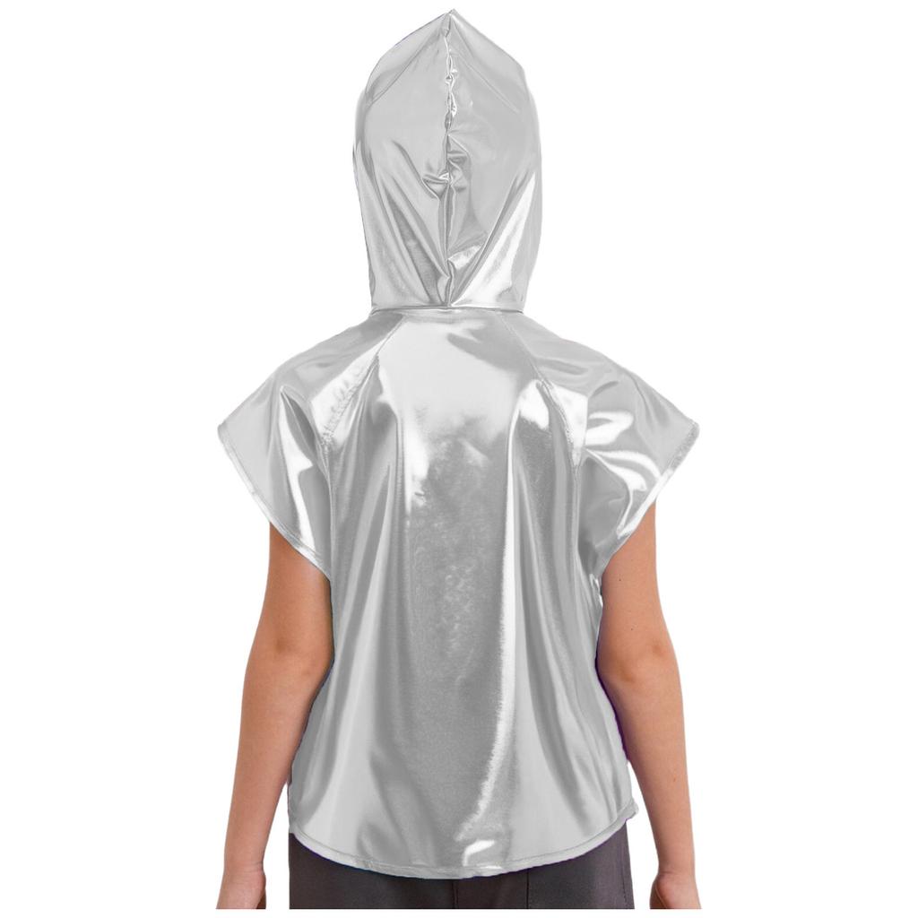 Boys Girls Metallic Hooded Vest Sleeveless Zipper Shiny Hoodie Jazz Dance Stage Performance Vest