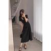 Women's Round Neck Short Sleeve Midi Dress Slim Mid Waist Hollow Cutout Ruched Side A Line Elegant Hepburn Style Summer Long Dress