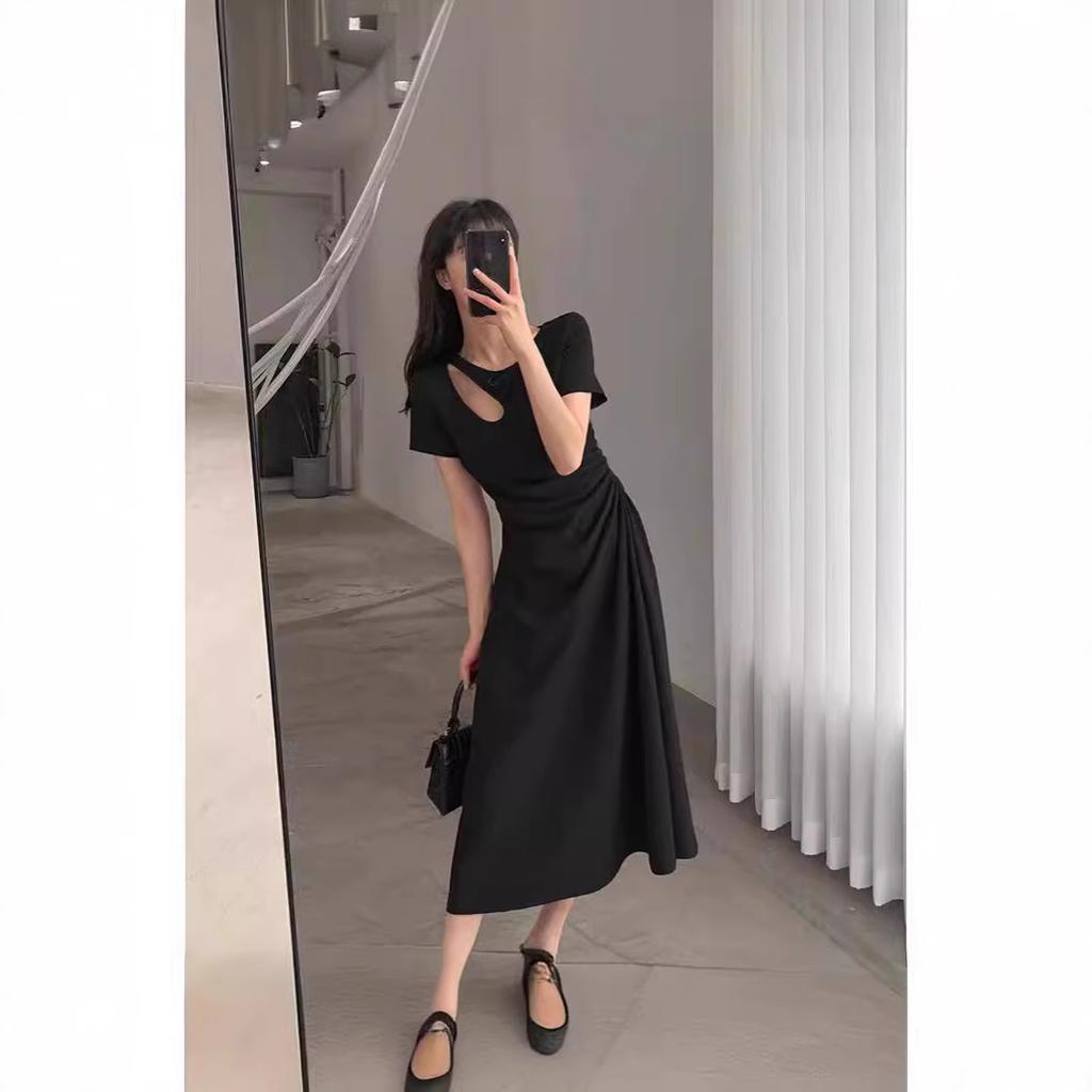 Women's Round Neck Short Sleeve Midi Dress Slim Mid Waist Hollow Cutout Ruched Side A Line Elegant Hepburn Style Summer Long Dress