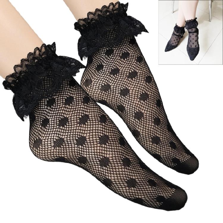 Fischernetz-Netz-Socken für Damen Schwarz Knöchelsocken Ausgeschnitten Geometrisches Muster Rüschen Spitzbesatz Kurze Socken für Kleider Strumpfwaren
