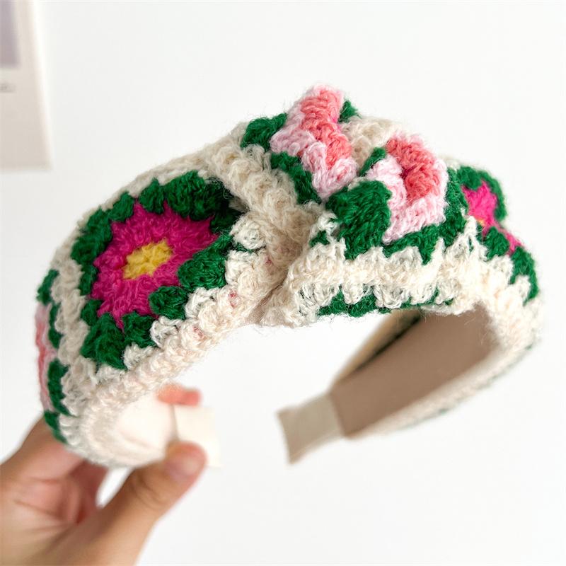 Pretty Knitting Floral Embroidery Tape Knotted Hairbands for Women Girls Shopping Party Photography Head Wears
