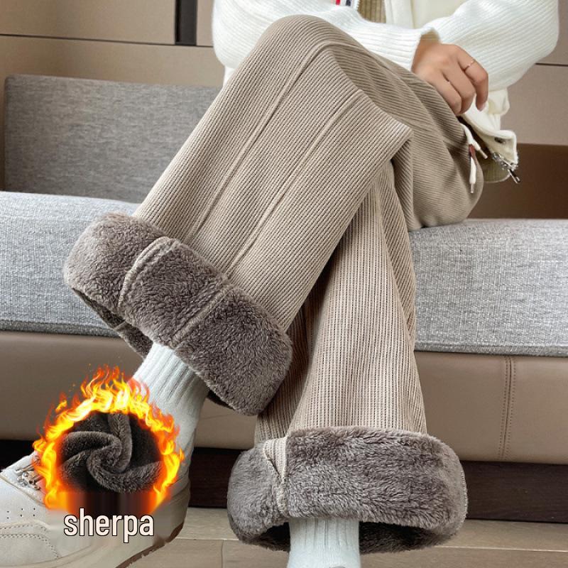 Plus-Size Chenille Velvet Pear-Shaped Wide-Leg Winter Pants – Thick Warm Straight-Leg Cotton with Imitation Lamb Wool