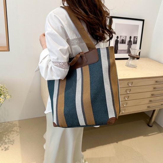 Striped Shoulder Bag Ladies Canvas Tote Bag Zipper Closure Handbag Shoulder Tote for Daily Use Commuting Dating Parties