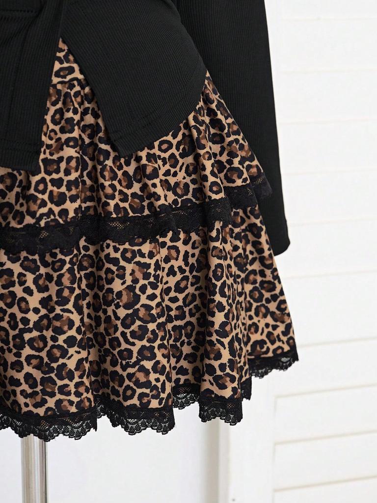 Women's Leopard Print Two-Piece Set: Top with High-Waisted Flare Mini Skirt for Autumn/Winter