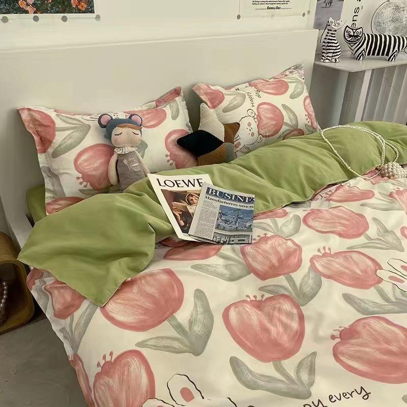 INS Pink Solid Color Bedding Set Girls Boys Single Double Size Flat Sheet Duvet Cover Pillowcase Bed Linens Home Textile