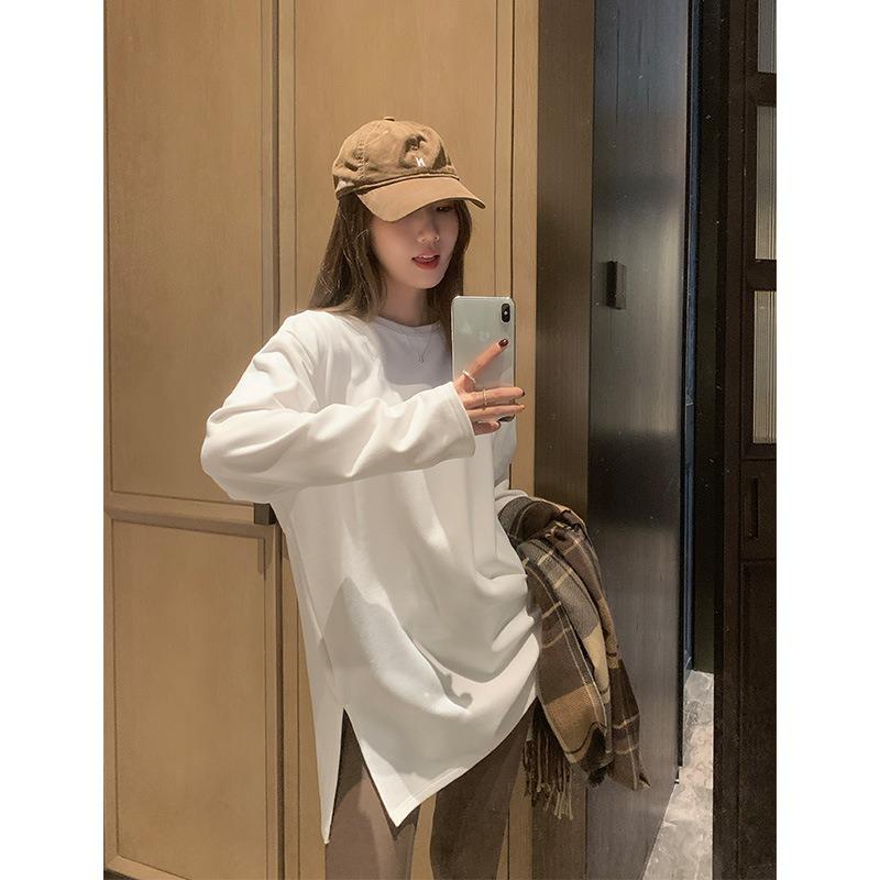Split Hem Loose White Shirt Top Women's Spring Autumn and Winter German Velvet Inner with Long Sleeves Simple Basic Bottoming Shirt
