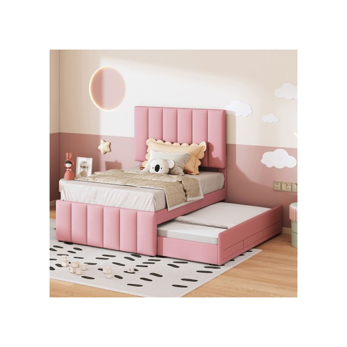 Lit rembourré - MUVOE - 90 x 200 cm - Rose - Avec tiroirs - Design classique et élégant