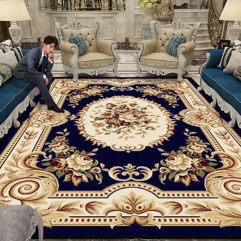 Luxury Large Living Room Rug Non-slip Flower Design Blue Sofa Table Mat Border Design Soft Lounge Rug Machine Washable Flannel