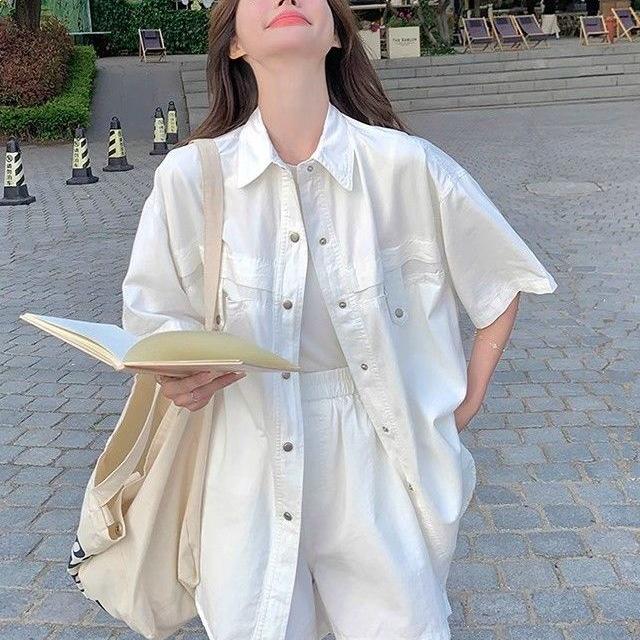 Korean Style Casual Short-Sleeve Shirt and Shorts Two-Piece Set - Slimming Summer Petite Fit