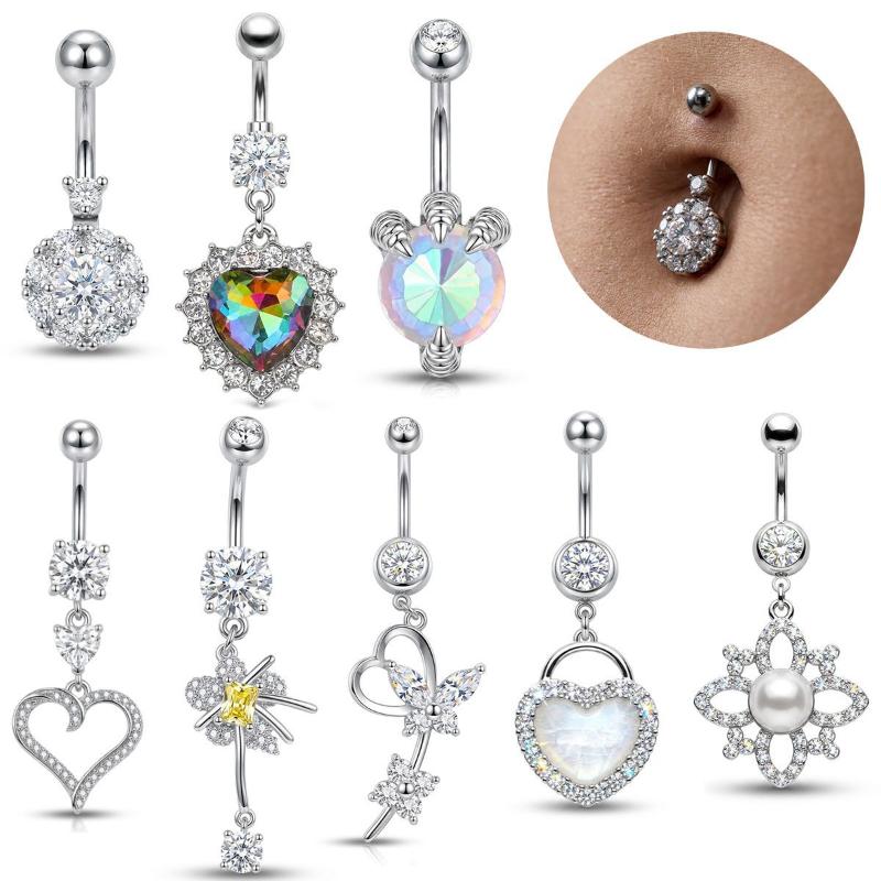 Stainless Steel Dangle Belly Button Rings For Women Shiny Cubic Zirconia Heart Butterfly Flower Navel Piercing Jewelry For Daily