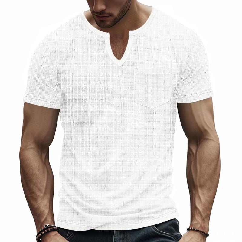 Mens Casual Textured V Neck Henley T Shirt Short Sleeve Pocket Tee S белый