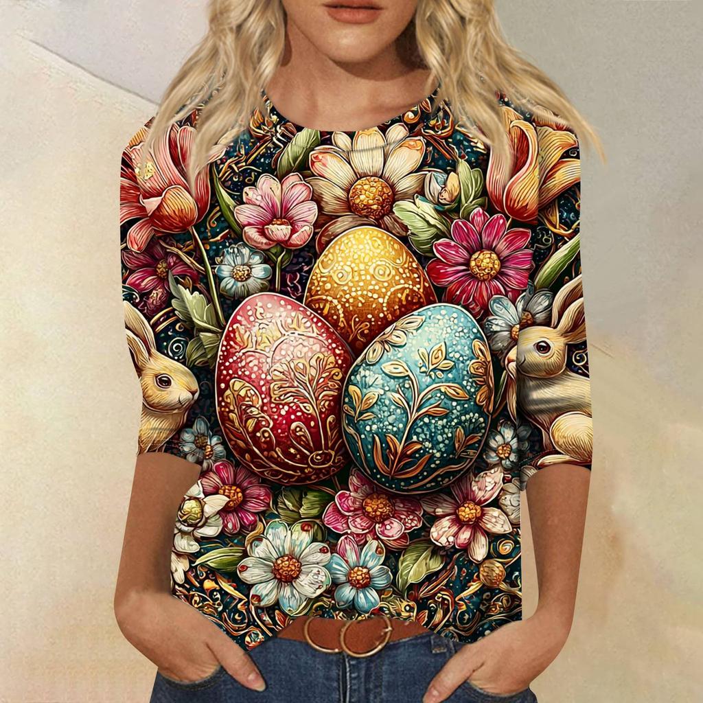 Women's Fashion Casual Sleeve Easter Elements Print Round Neck Top
