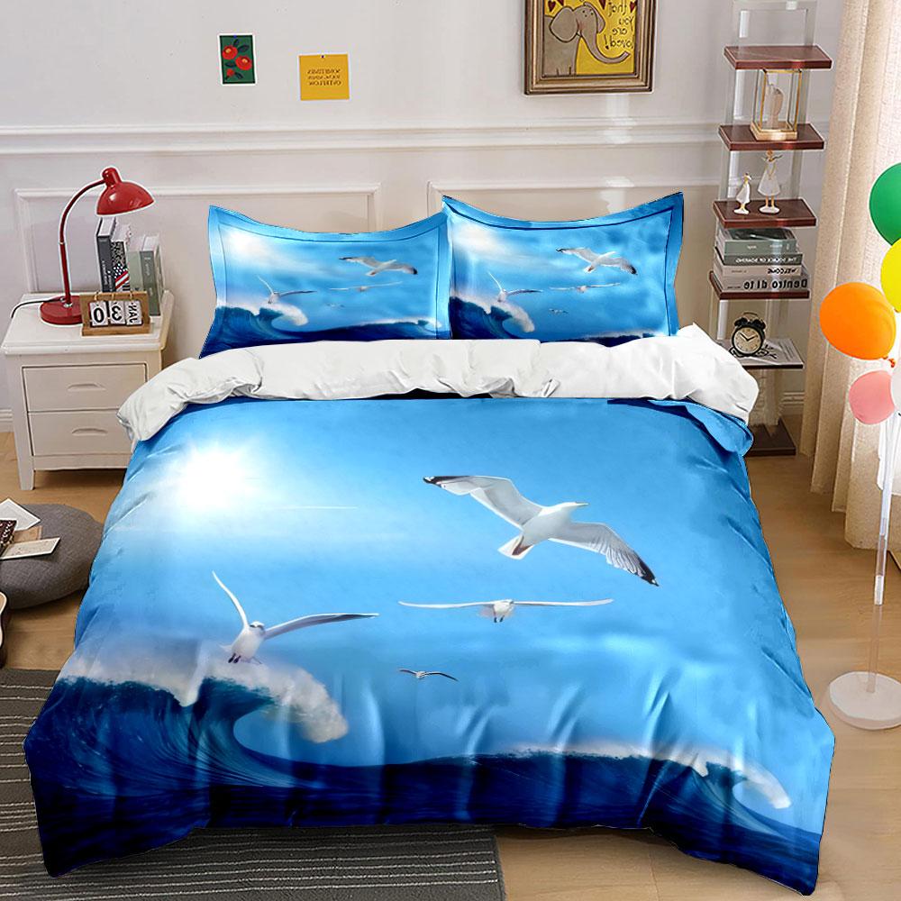 Seagull Ocean Wave Decor Set Soft Comfortable Duvet Cover Bedding Set Included 1*Duvet Cover & 2*Pillowcases, Gift