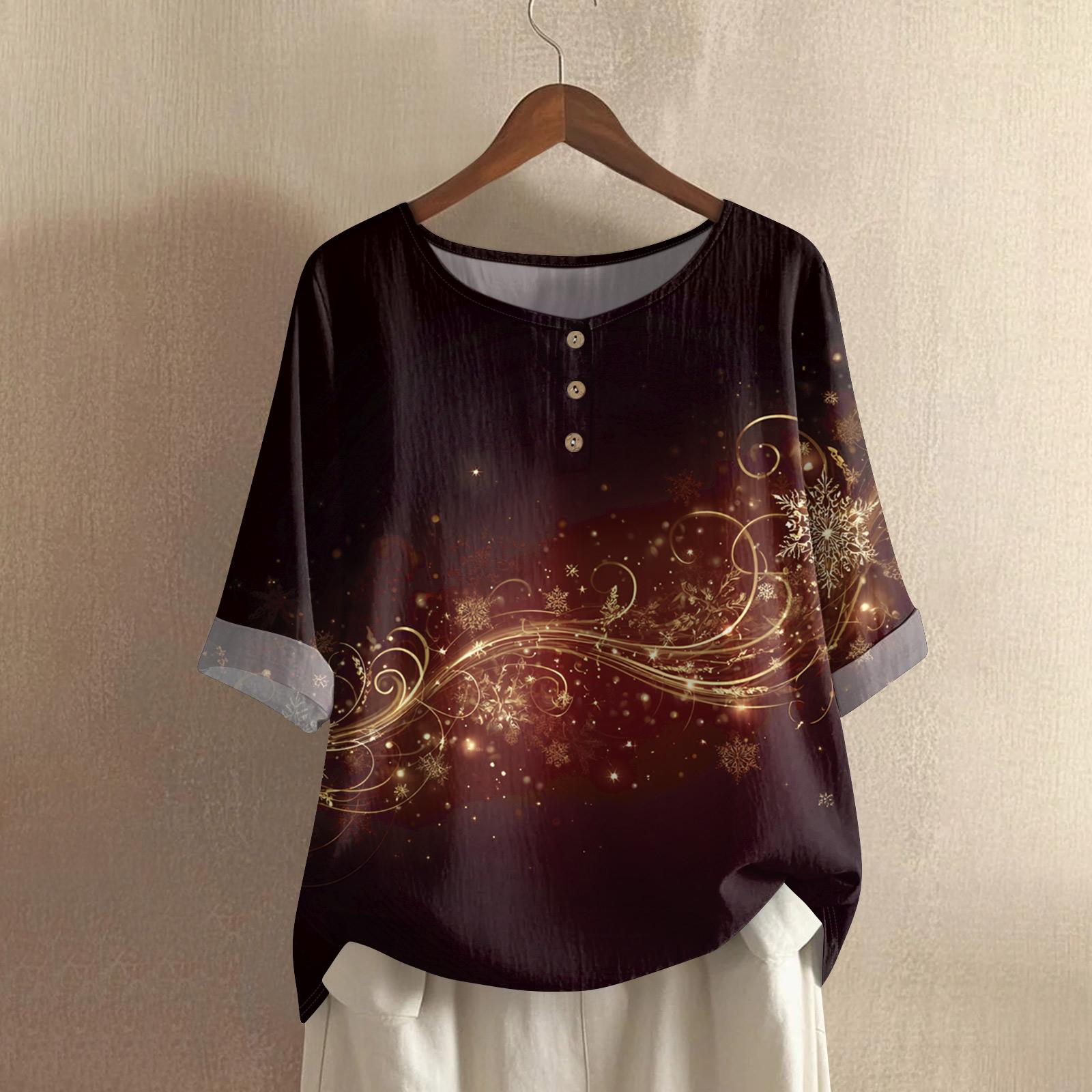 

Женская модная и повседневная рубашка с полурукавом, круглым вырезом, принтом, из хлопка и льна, блузка-топ L