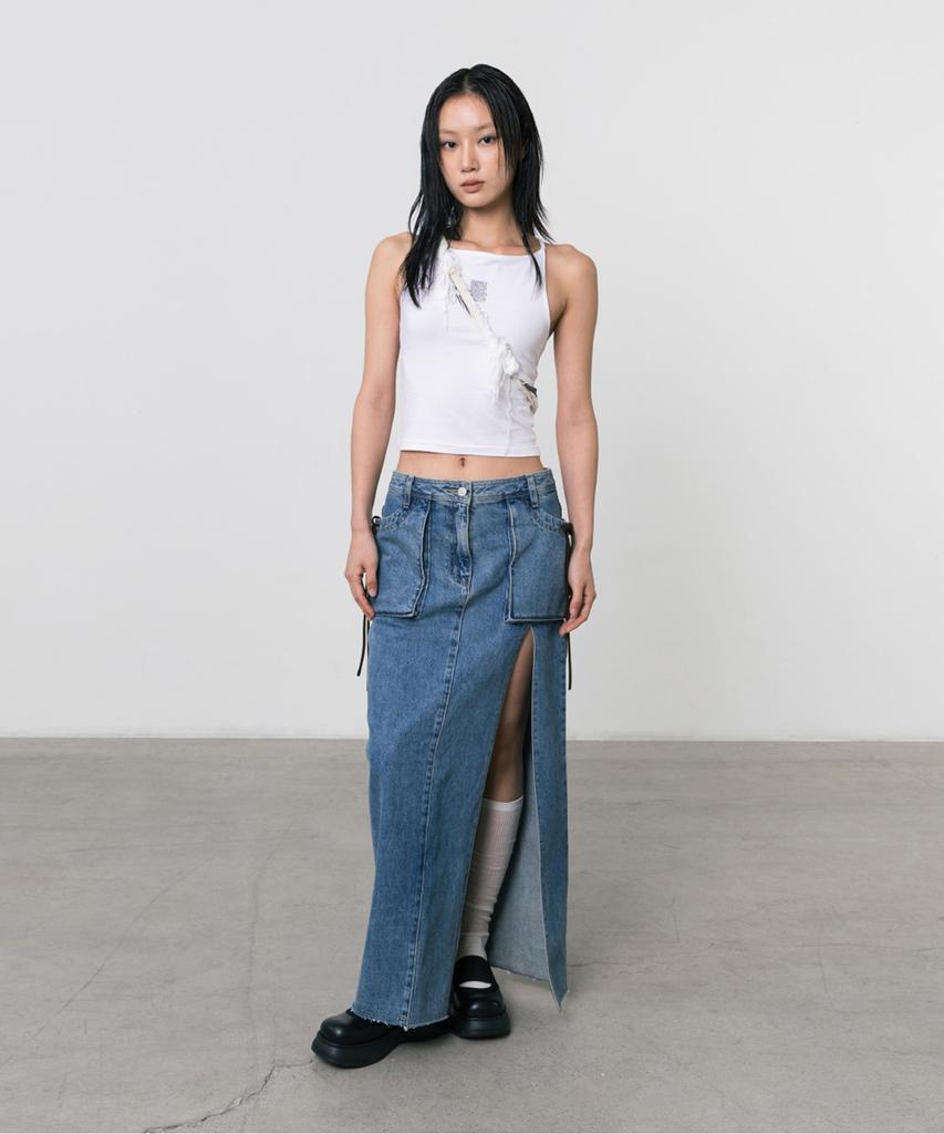 Three To Eighty Slit Denim Maxi Skirt Blue