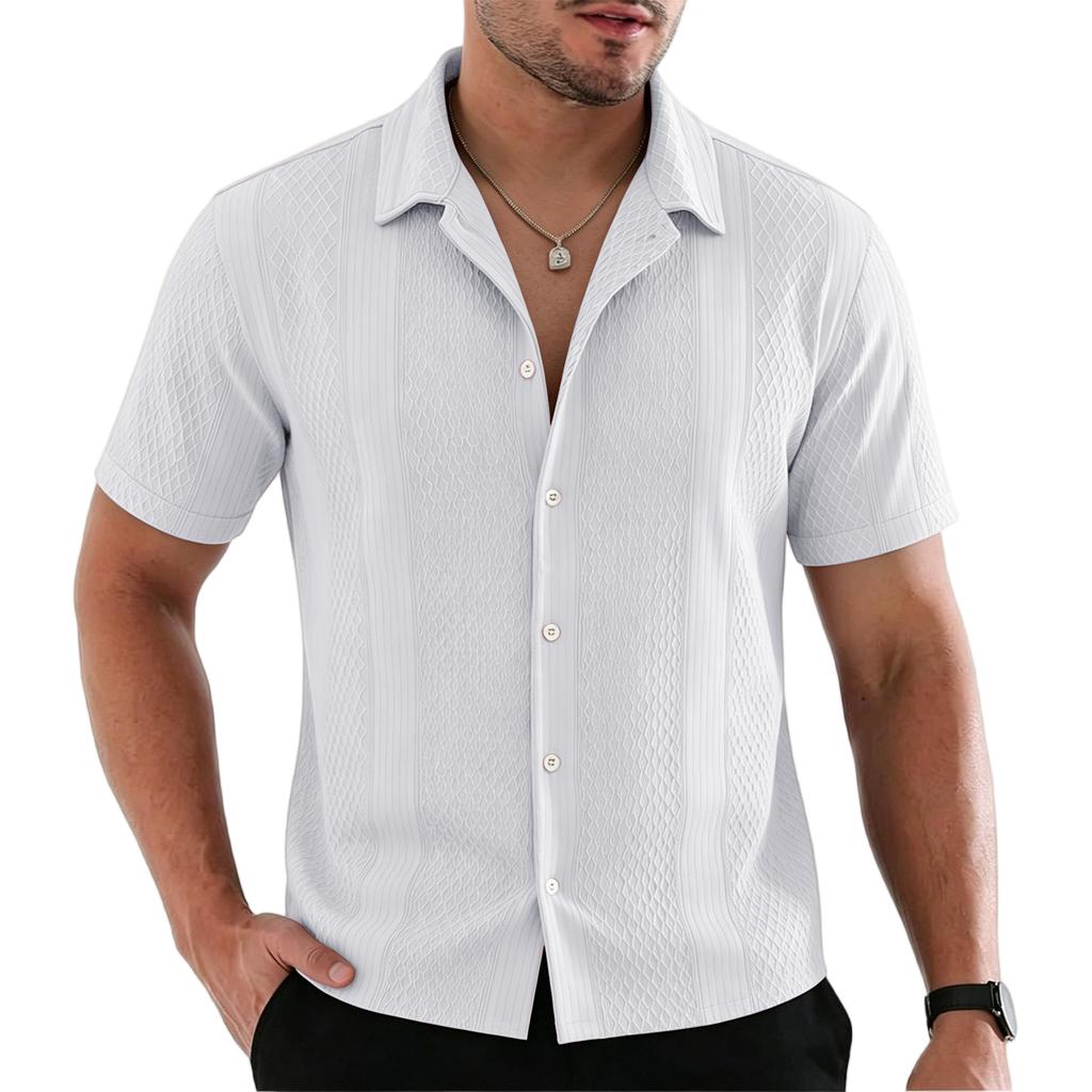 Men's Solid Knit Short Sleeve Shirt French Collar Breathable Hollow Out Button Down Casual Summer Top