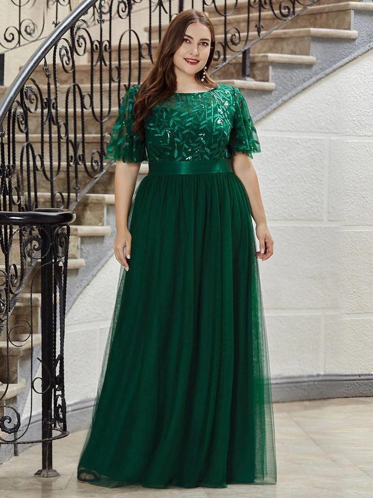 Elegant Plus Size Sequin Embroidered Evening Gown with Mesh Hem