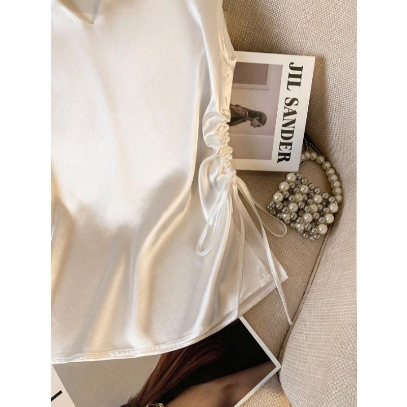 Women Satin V Neck Blouse Elegant Short Sleeve Side Drawstring Ruched Top Summer Casual Work Office Tunic Fashion Sleeveless Sweet Tank Tops for Women