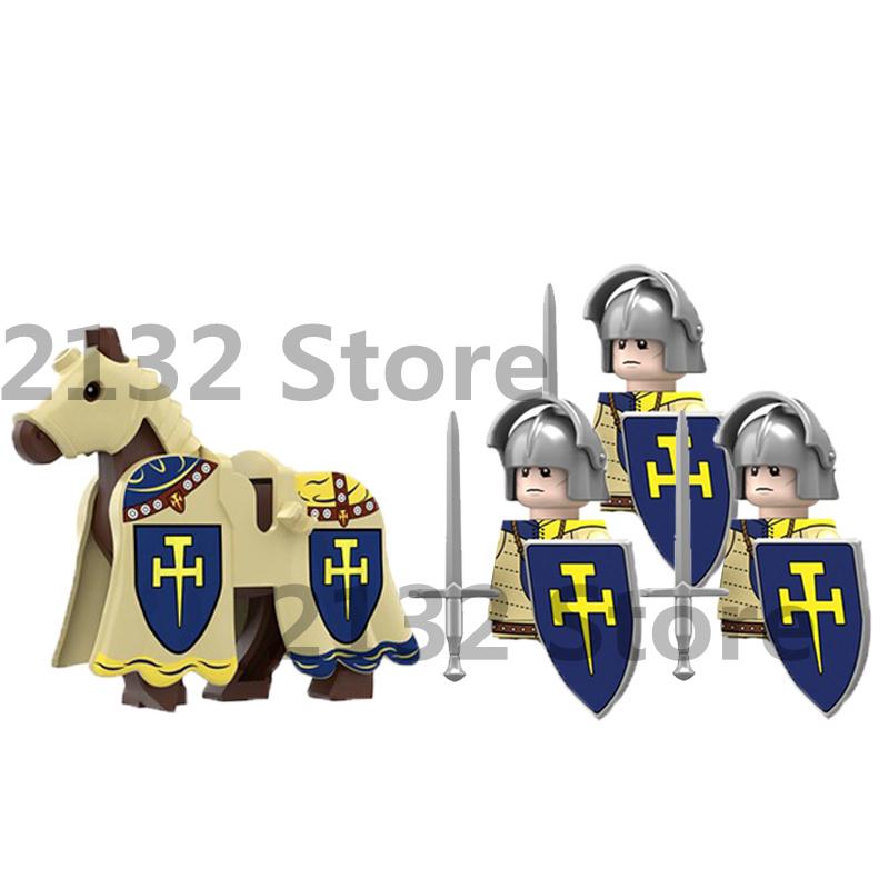 Medieval Castle MOC Building Blocks Wolf Warriors Soldier Figure Crusader Knights Horse Flag Vests Shield Weapon Toys Gifts T022