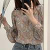 Cute Top Floral Print Young Square Neck Puff Sleeve Lovely Ladies Blouse for Work