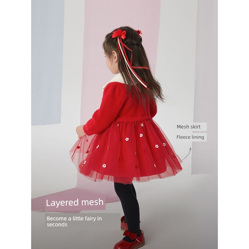 David Bella Girls' Sweater Dress Spring Outfit with Fleece Knit Dress Children's National Style New Year Dress Children's Clothing