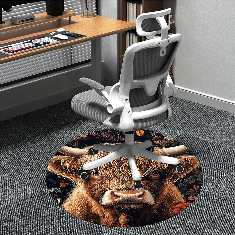 1PC Highland Cow Floral Office Round Area Rug, Indoor Mat Suitable ForOffice, Under Office Chairs Bedroom Living Room Home Decor, Room Deco G015