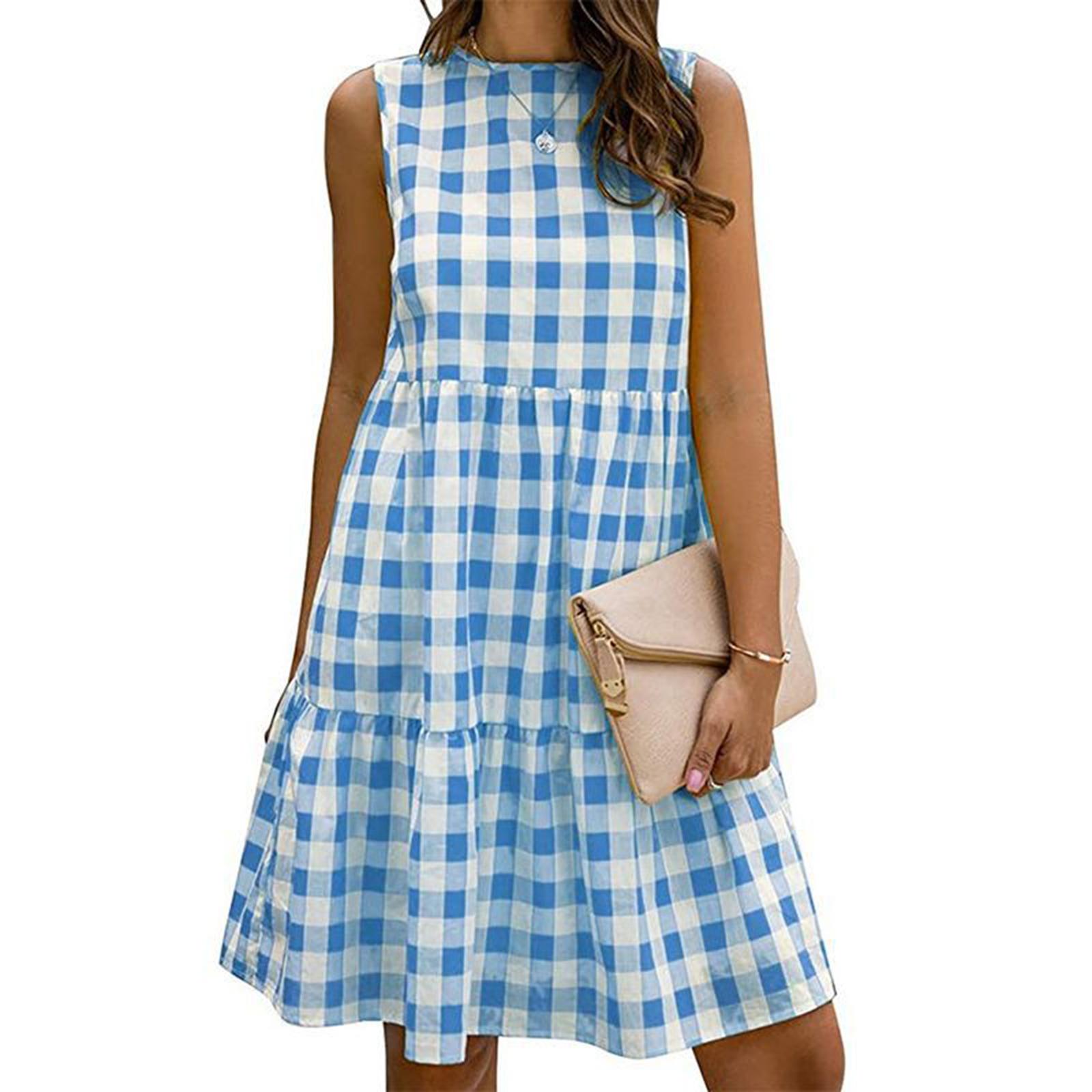 Women s Casual Round-neck Checkered Loose Dress XXL