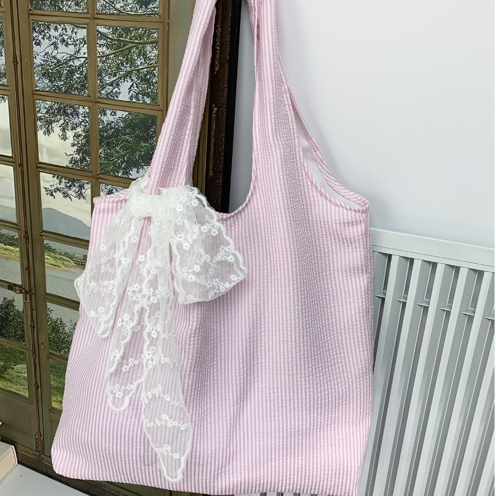 Canvas Striped Shoulder Bag Literary Style Large Capacity Underarm Bag Canvas Hobo Bag  Shopping