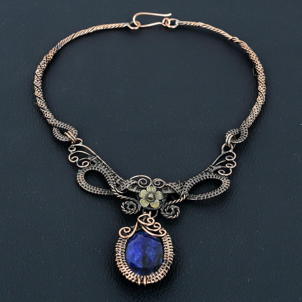 Blue Sapphire Necklace, Handmade Gemstone Necklace, 999 Copper Wire Wrapped Necklace Antique Jewelry, For Engagement Gift