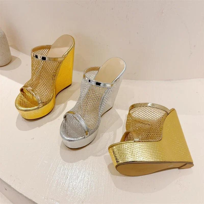Fashion Eilyken Gold Silver Platform Wedges Women Slippers Design Style Mesh Fabric Open Toe Wedding Banquet High Heels Shoes