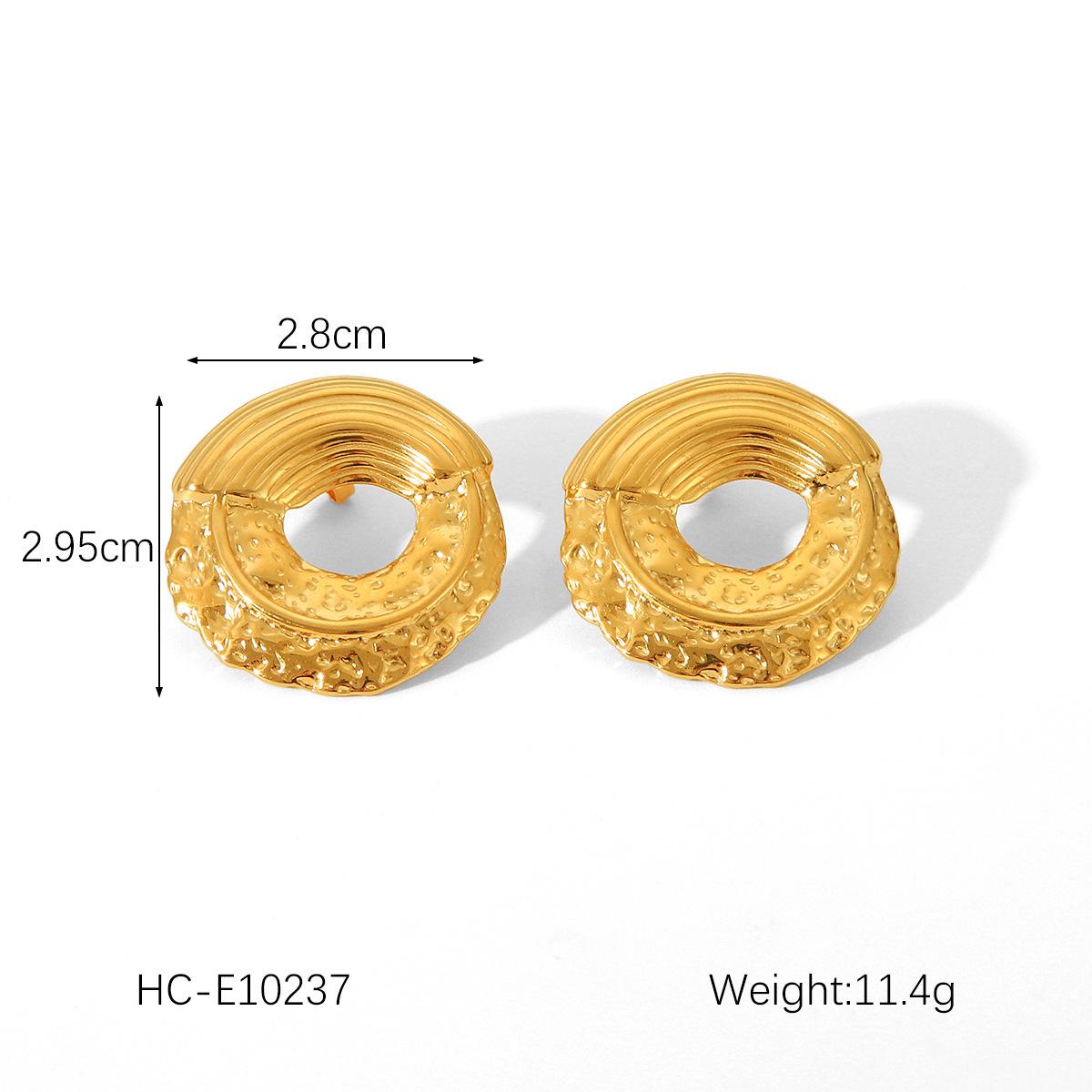 Fashionable Unique Geometric 18K Gold Hammered Stainless Steel Stud Earrings for Women, High-end Textured Titanium Steel Earring