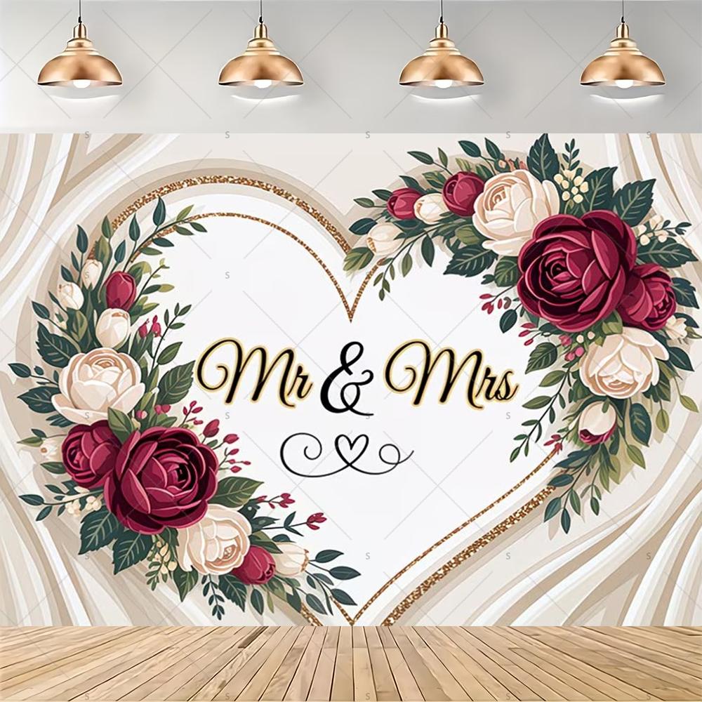 Elegant floral garland, Mr & Mrs theme, gold background, ribbon, wedding party decoration, backdrop, photography supplies2091
