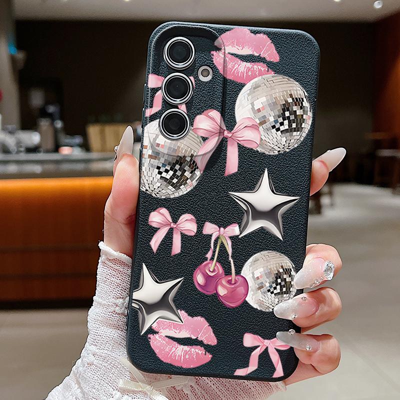 Cherry Bowknots Lips Disco Ball Pattern Case For Samsung Galaxy A57 A37 A17 A56 A36 A26 A16 A55 A35 A15 A54 A34 A14 5G Leather Texture Silicone Cover