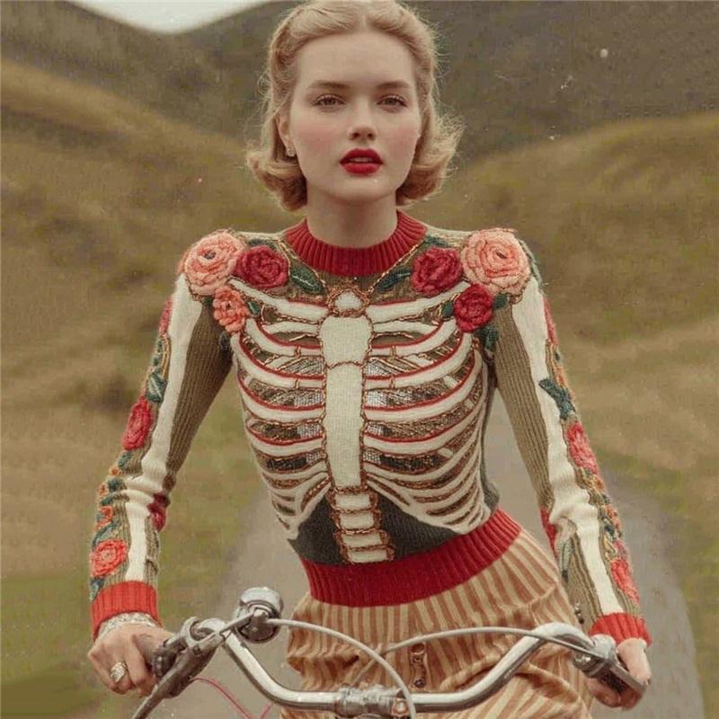 Women Crew Neck Loose Pullover Halloween 3D Digital Print Long Sleeve Casual Sweatshirt