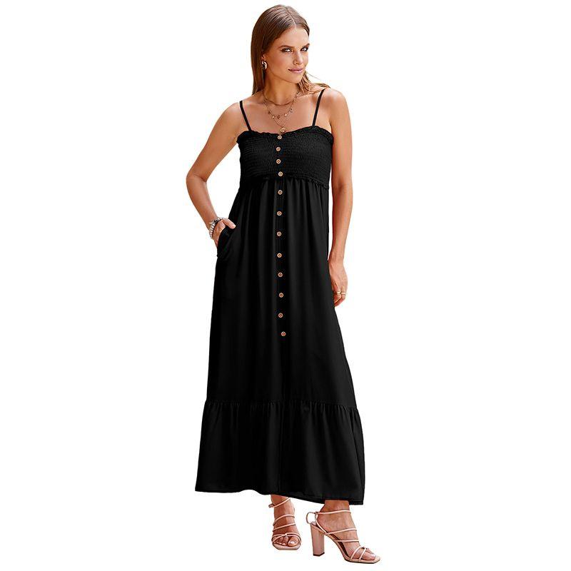 

2025 Summer New Arrival Pure Color Simple Camisole Dress Women s European and American Leisure Loose Front Slit High Waist Long Skirt Women Black Size M fit (55.00 kg-62.50 kg