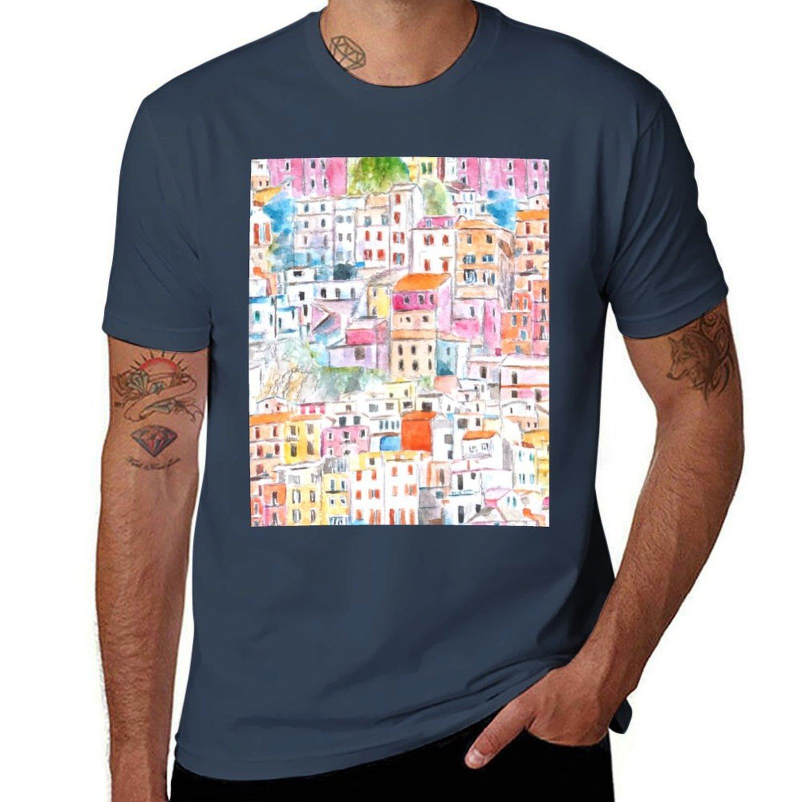 Italy Cinque Terre pattern watercolor painting TShirt Sporty Casual Quick Dry TShirt S