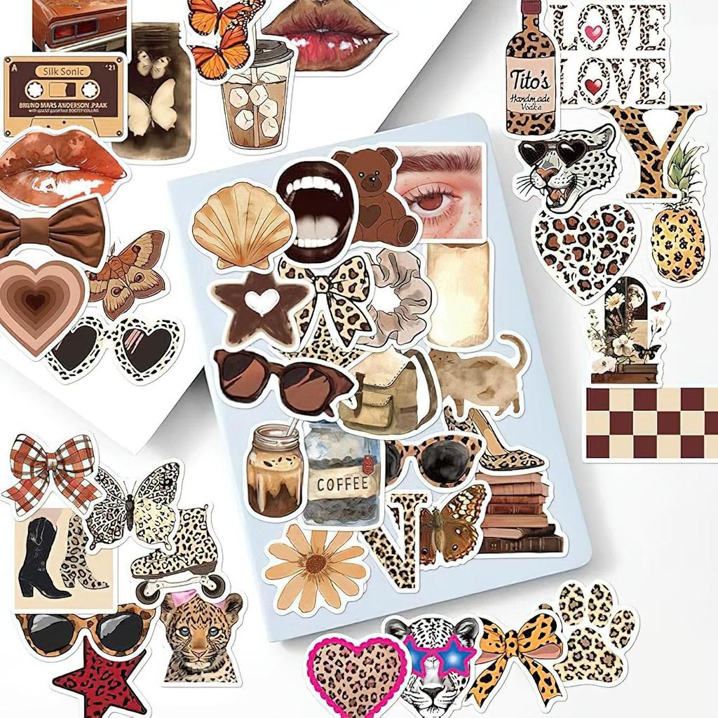 50pcs Leopard Love Stickers Set Retro Aesthetic Downtown Girls Stickers Cool Trendy Y2K Stickers for Laptop Skateboard